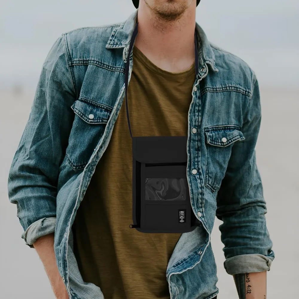 Travel Neck Wallet with RFID Blocking  Passport Holder Organizer Neck Pouch  Portable Easy to Conceal Travel Pouch (PVC Black)