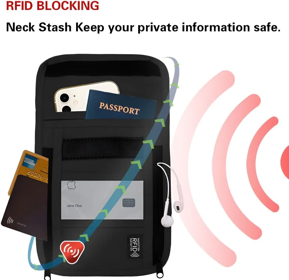 Travel Neck Wallet with RFID Blocking  Passport Holder Organizer Neck Pouch  Portable Easy to Conceal Travel Pouch (PVC Black)