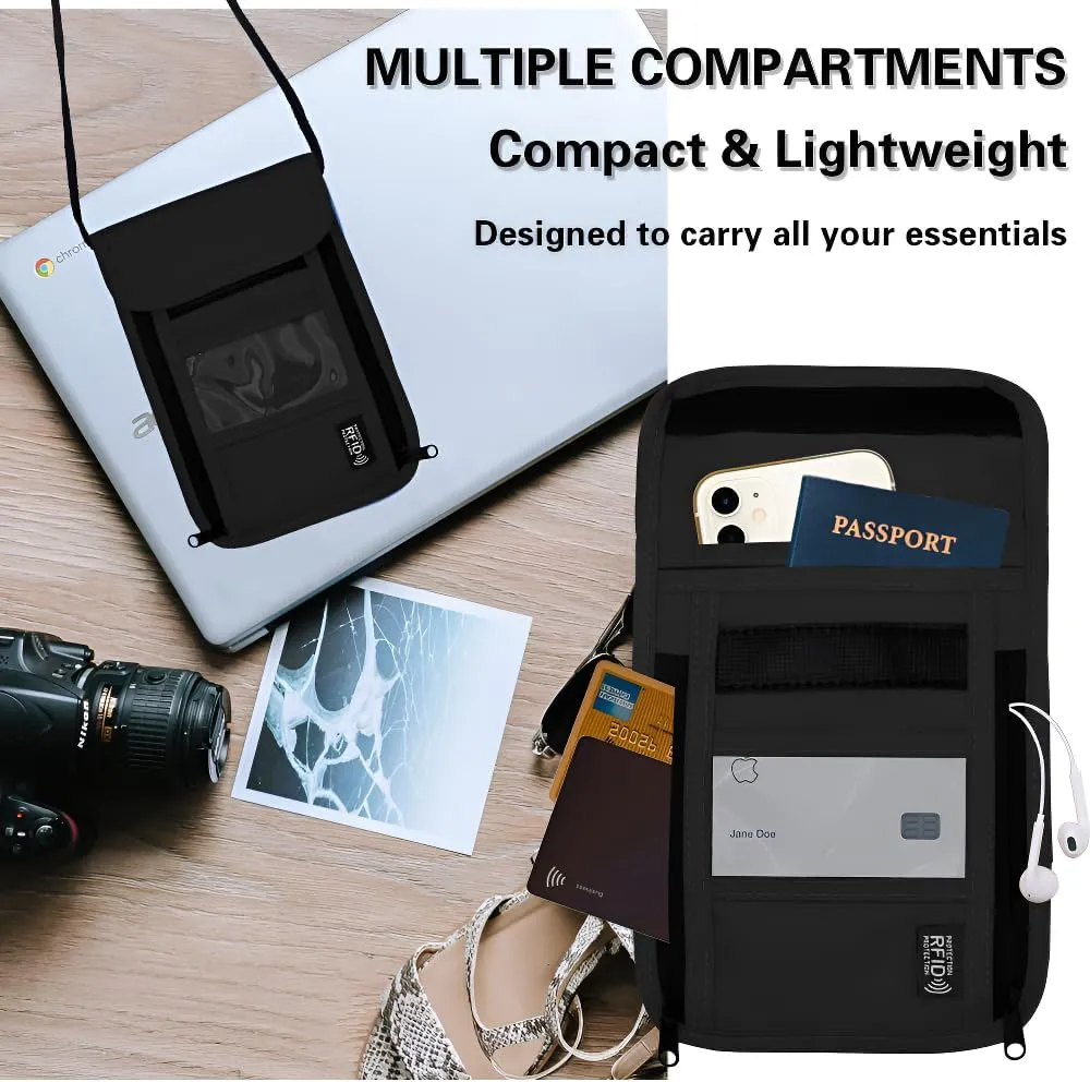 Travel Neck Wallet with RFID Blocking  Passport Holder Organizer Neck Pouch  Portable Easy to Conceal Travel Pouch (PVC Black)