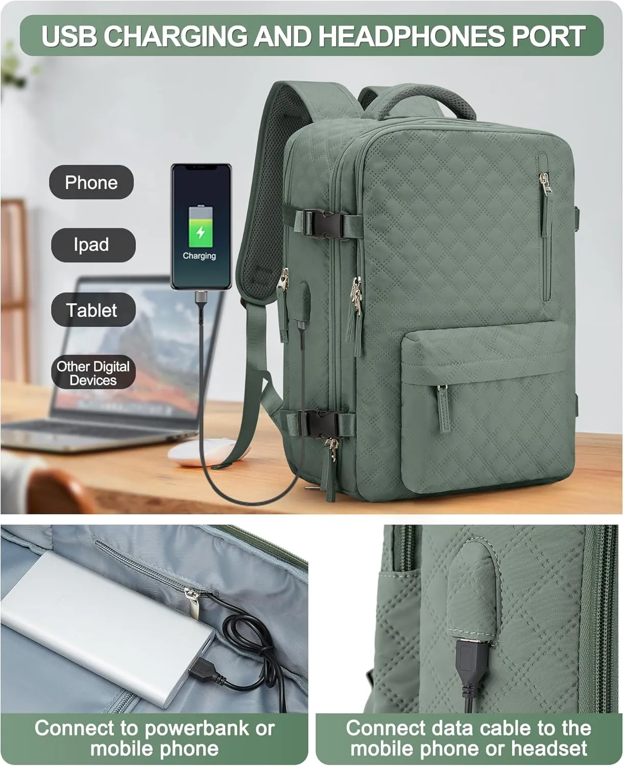 VGCUB Large Travel Backpack for Women Men, Carry on Backpack Airline Approved Gym Backpack Waterproof Business Laptop Daypack,Army Green