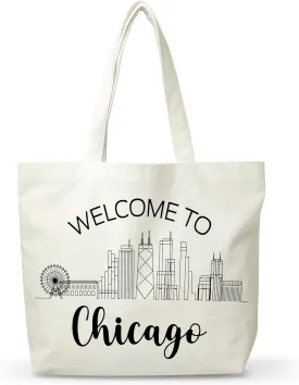 Women Chicago Canvas Tote Bag, Souvenir Gifts For Travel Lovers, Reusable Grocery Folding Shopping Tote, Aesthetic Shoulder Bag, Thanksgiving Christmas Gifts For Friends Colleagues -A23