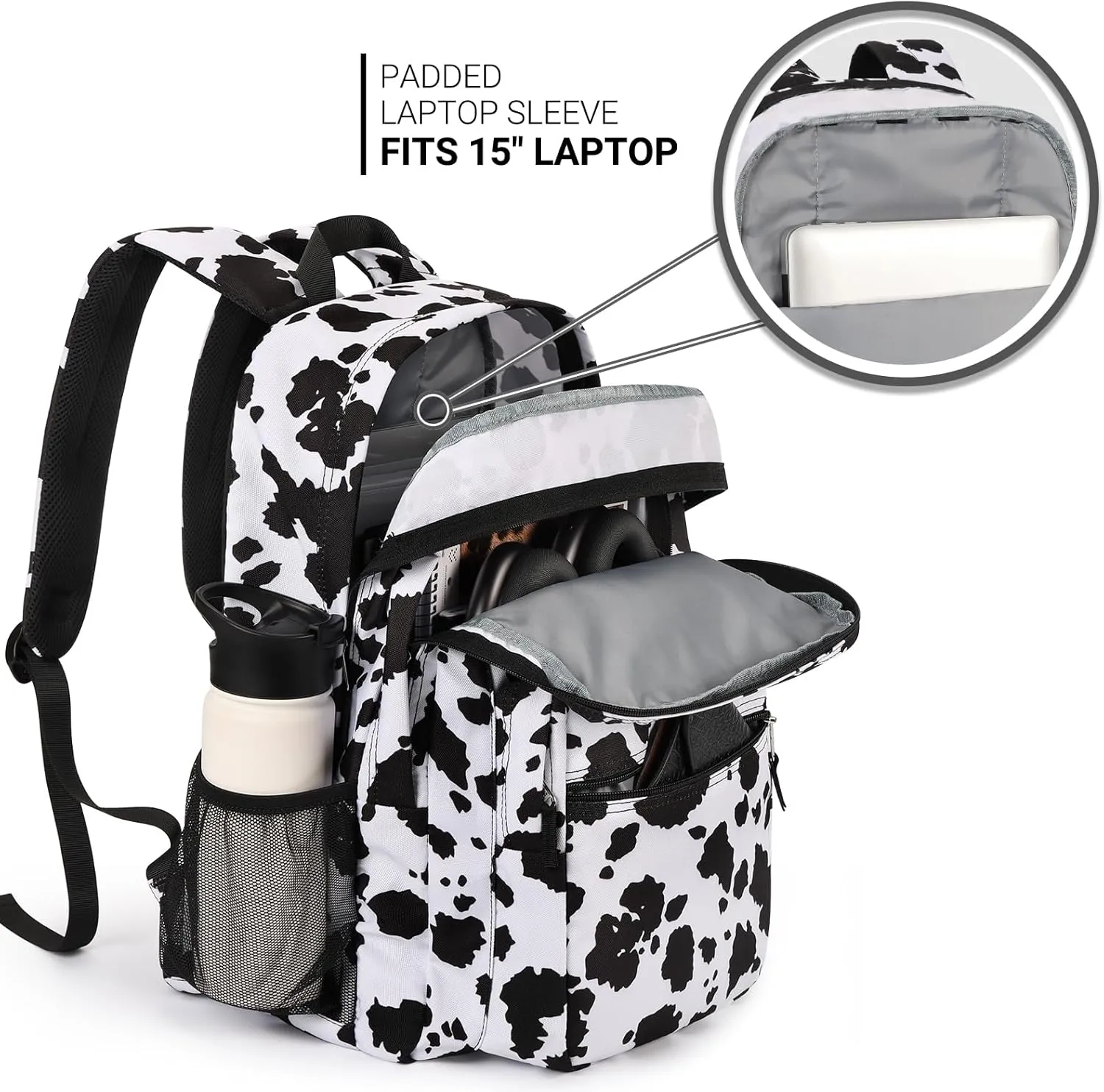 ZORFIN 26L Backpack for School, College, and Travel: Water Resistant Bookbag with 8 Compartments - Cow Print Black
