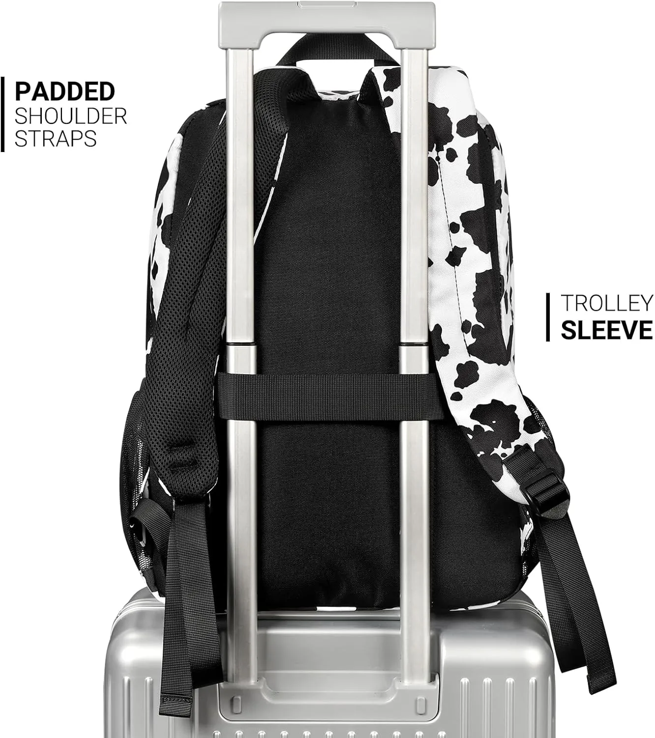 ZORFIN 26L Backpack for School, College, and Travel: Water Resistant Bookbag with 8 Compartments - Cow Print Black