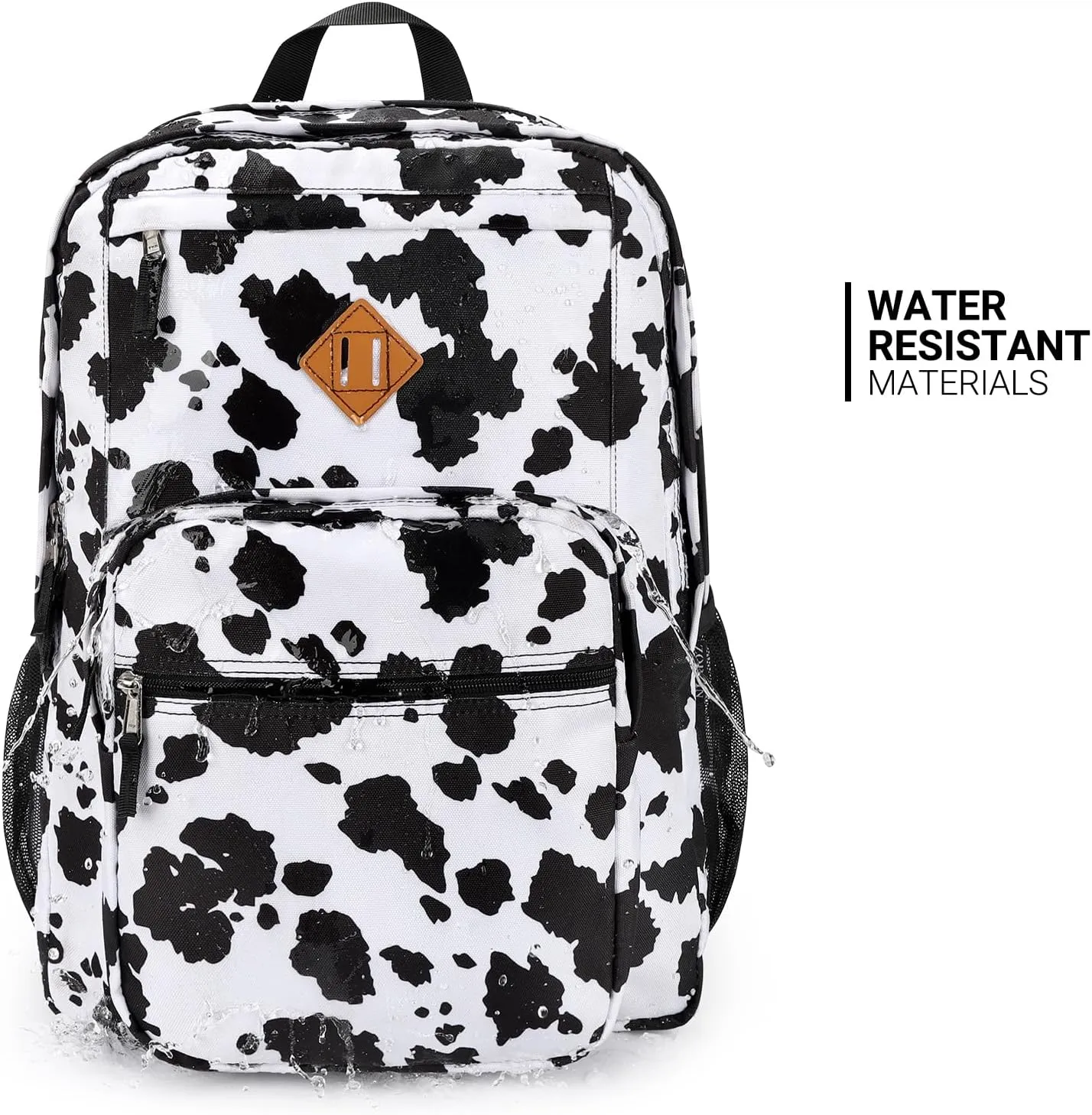 ZORFIN 26L Backpack for School, College, and Travel: Water Resistant Bookbag with 8 Compartments - Cow Print Black