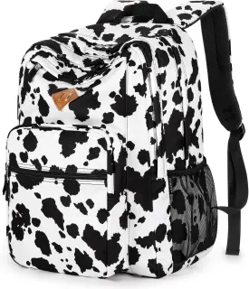 ZORFIN 26L Backpack for School, College, and Travel: Water Resistant Bookbag with 8 Compartments - Cow Print Black